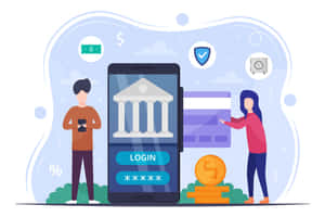 兩個人使用智能手機進行網上銀行業務，帶有金錢和安全圖標。 — 3:2 壁紙