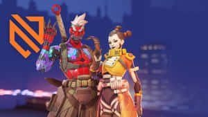 兩個動畫遊戲角色在夜晚霓虹燈閃爍的城市中擺姿勢。 — 鬥陣特攻 GIF 壁紙