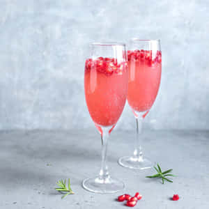 兩個閃爍粉紅石榴飲品杯，以迷迭香點綴，置於灰色表面。 — 1:1 壁紙