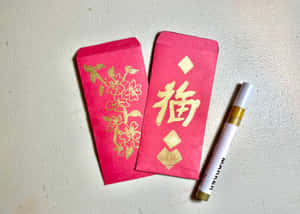 兩個紅色嘅中國新年利是封，有金色設計，同埋一支白色記號筆喺有紋理嘅表面上。 — 紅色美學 壁紙
