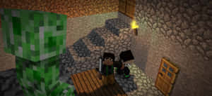 兩名Minecraft玩家喺昏暗嘅石製地牢入面同爬行者對峙。 — 我的世界 壁紙