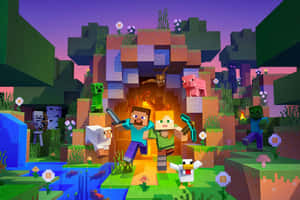 日落時分，色彩繽紛的方塊洞穴中的Minecraft玩家和動物。