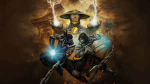 兩名忍者戰士在暴風雨下以發光武器戰鬥，巫師在寺廟上方召喚閃電。 — 旁遮普國王 壁紙