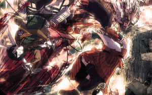 動畫戰士在燃燒的城市廢墟中與巨型泰坦戰鬥。 — 2880x1800 壁紙