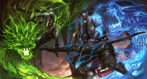 兩名奇幻戰士在熾熱的日落中與綠色和藍色的龍戰鬥。 — 源氏 GIF 壁紙