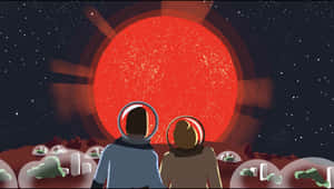 兩名穿著太空服的太空人看著外星圓頂棲息地上方的一顆巨大紅色太陽。 — 星星 壁紙