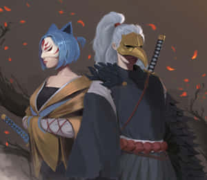 兩名戴面具的動漫武士戰士手持劍，站在黑暗的秋林中。 — 日本龍動畫 壁紙