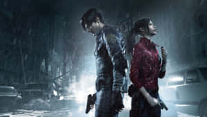 兩名武裝生還者喺落雨嘅廢墟城市街道上夜晚背對背企喺度。 — 生化危機 壁紙