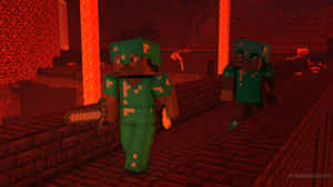 兩名穿著綠色盔甲的Minecraft角色走過一座有熔岩的紅色地獄堡壘。