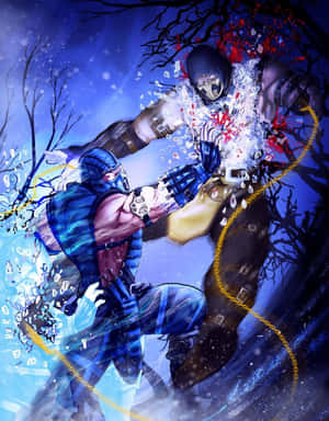 兩名蒙面戰士在雪夜中戰鬥，鮮血與冰塊飛濺。 — 真人快打11 壁紙