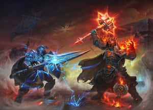 兩名奇幻戰士在煙霧瀰漫的黑暗戰場上使用發光武器戰鬥。 — 魔獸世界 壁紙