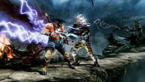 兩名身穿盔甲的戰士在風暴中的山脈背景下與閃電作戰。 — Xbox GIF 壁紙