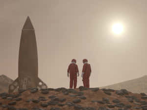 兩名太空人在火星上，旁邊有一枚生鏽的火箭，在明亮的太陽下。 — 日落 壁紙