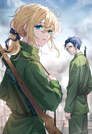 兩名身穿綠色制服的動漫士兵在多雲天空下的煙霧中持步槍。 — iPad (A16) 壁紙