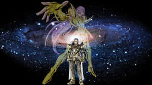兩名身穿金色鎧甲的動漫戰士站在繁星點點銀河中的宇宙漩渦前。 — 白羊座 壁紙