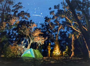 夜晚在森林中，帳篷附近有兩個人在營火旁。 — 露營 壁紙