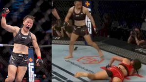 女性MMA拳手在UFC八角籠中擊倒對手後慶祝勝利。