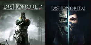 兩款《Dishonored》遊戲封面，描繪骯髒城市環境中的蒙面刺客。 — 恥辱 壁紙