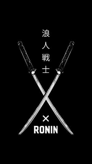 交叉的劍，帶有日文字元和「Ronin」一詞，置於黑色背景上。 — 武士 壁紙
