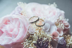 兩枚結婚戒指鑲嵌在柔和的花藝佈置中。 — Surface Pro 壁紙