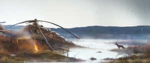 被遺棄的直升機在霧氣瀰漫的湖邊，狐狸在黎明時分觀望。 — 黎明 壁紙