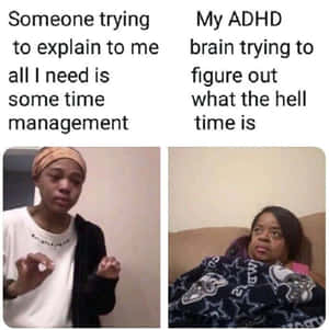 迷因比較時間管理與ADHD大腦混亂，帶有文字疊加。