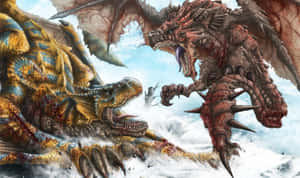 兩條巨龍在雪地山景中戰鬥，中間有一個獵人。 — 魔物獵人 壁紙