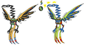 兩隻色彩繽紛的插圖鳥類生物面對面，中間有星星和一個球體。