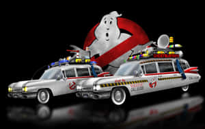兩輛捉鬼敢死隊 Ecto-1 汽車，帶有鬼魂標誌和質子背包。 — 幽靈 壁紙