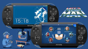 兩部 PS Vita 主機顯示 Mega Man 遊戲，一個卡通 Mega Man 在復古電視上玩遊戲。 — PlayStation GIF 壁紙