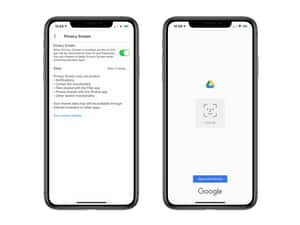兩部iPhone顯示私隱屏幕設定及透過Face ID的Google登入。 — 4:3 壁紙