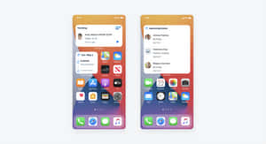 兩個 iPhone 主螢幕，帶有顯示熱門影片和即將發生的事件的小工具。