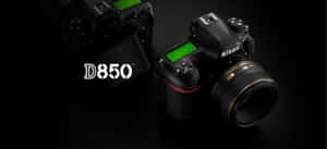 兩部Nikon D850 DSLR相機，帶綠色屏幕，放在深色反光表面上。 — 攝影師 壁紙