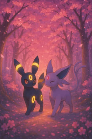 粉紅櫻花林中的兩隻Pokémon伊布進化型。 — iPhone 4 壁紙