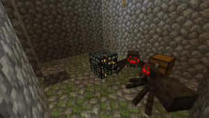 Minecraft 地牢中有兩隻眼睛發紅光的蜘蛛，以及一個發光的籠子和一個木箱。 — 蜘蛛 壁紙