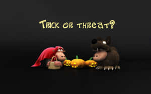 兩隻卡通動物穿著萬聖節服裝，帶有南瓜和文字Trick or Threat? — 萬聖節恐怖 壁紙