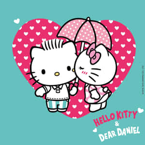 Hello Kitty 和 Dear Daniel 在心形下撐著雨傘。 — iPad Air 11 壁紙