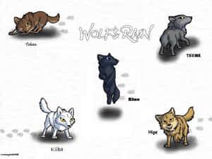五隻來自《Wolves Rain》的動漫風格狼在雪地上，帶有腳印。