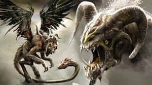 兩隻神話野獸在黑暗的奇幻場景中戰鬥，帶有翅膀和角。 — 魔女風格 壁紙