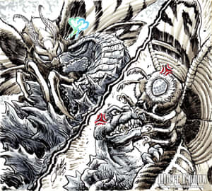兩隻巨型怪獸以精細墨水藝術進行戰鬥。 — 哥斯拉 王者巨獸 壁紙