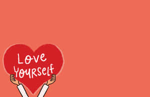 手捧著一個紅心，上面有「Love Yourself」的訊息，背景為珊瑚色。 — 驕傲 GIF 壁紙