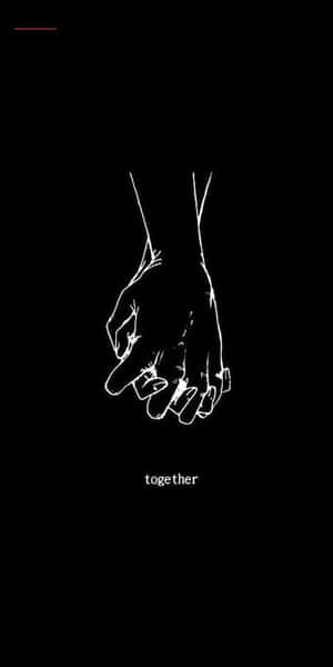 兩隻手緊握，以極簡白色線條繪製在黑色背景上，文字為together。 — 浪漫愛情 壁紙