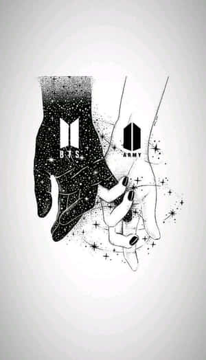 兩隻手互相握住，一隻有BTS標誌，另一隻有ARMY標誌，被星星包圍。 — BTS標誌 壁紙