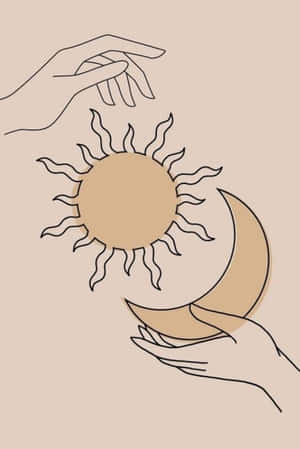 兩隻手以簡單線條畫捧著太陽和月亮。 — 太陽與月亮 壁紙