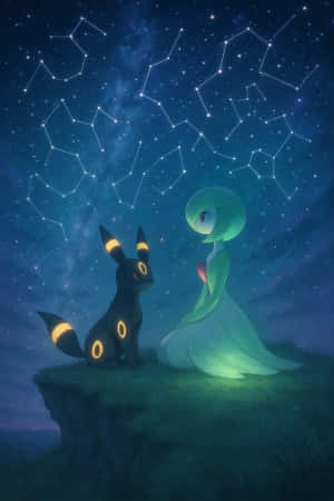 兩隻寶可夢在星空下凝視星座。 — iPhone 4 壁紙