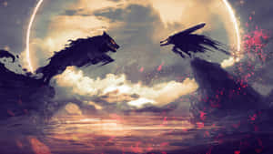 兩隻神話野獸從懸崖躍起，在戲劇性的日落場景中，伴隨著飄浮的花朵。 — 狼 壁紙