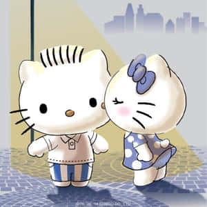 兩個穿著睡衣的Hello Kitty角色站在窗邊，可欣賞城市景觀。 — Hello kitty 美學 GIF 壁紙