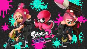 在電子遊戲場景中，兩隻魷魚角色和一隻八爪魚帶有墨水飛濺。 — Splatoon GIF 壁紙