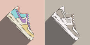 兩隻以粉彩色調繪製的Nike Air Force 1波鞋，帶有長陰影。 — 卡通鞋 壁紙