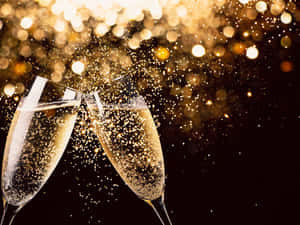 兩隻香檳杯碰杯，金色火花在空中飛舞。 — 新年動畫 壁紙